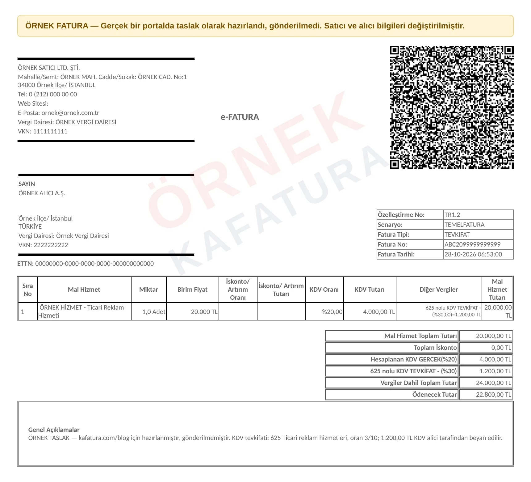 Tevkifatlı fatura örnek fatura görseli: 625 kodlu ticari reklam hizmeti, örnek tutarlarla KDV, tevkifat ve ödenecek tutar